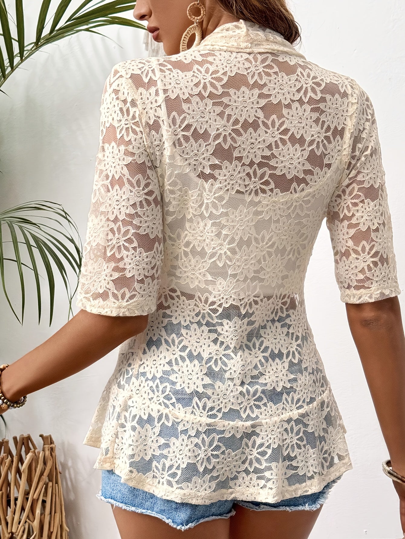 Short-sleeved floral lace hollow design cardigan for women