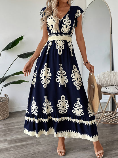Women's Maxi Dress - V-Neck - Cap Sleeve - Smocked Waist - Flowy Elegant Fit