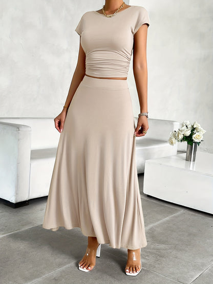 Women's A-Line Dress - Ribbed Knit - Fitted Bodice - Cap Sleeve Elegant Style