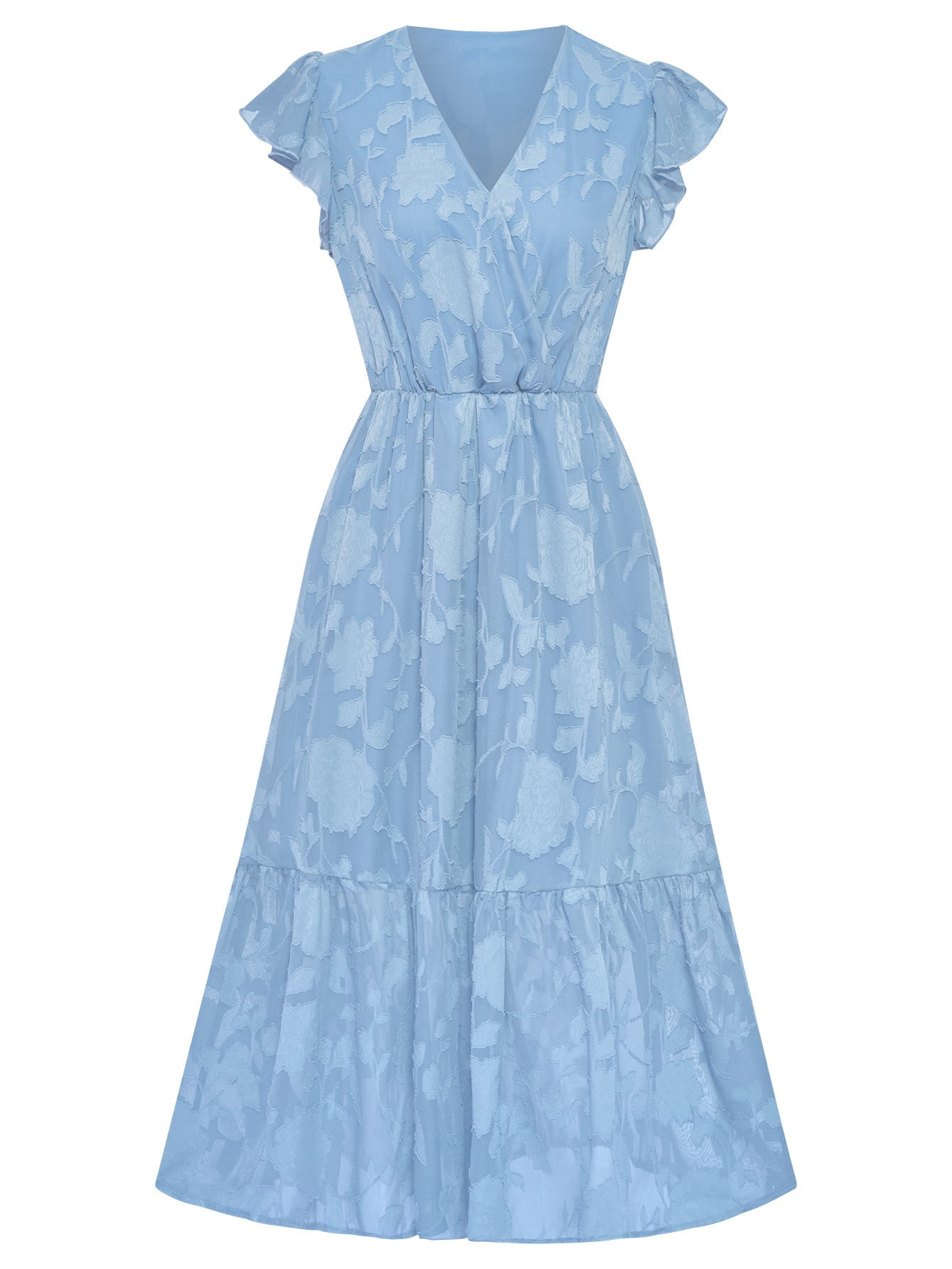 Women's Floral Dress - V-Neck - Short Ruffled Sleeves - Fitted Waist - Flowy Knee-Length