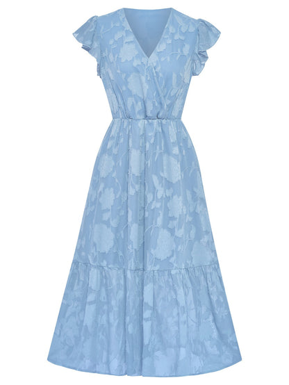 Women's Floral Dress - V-Neck - Short Ruffled Sleeves - Fitted Waist - Flowy Knee-Length