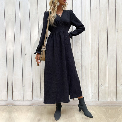 Women's Midi Dress - Long Sleeve - V-Neck Empire Waist - Elegant Button Detail