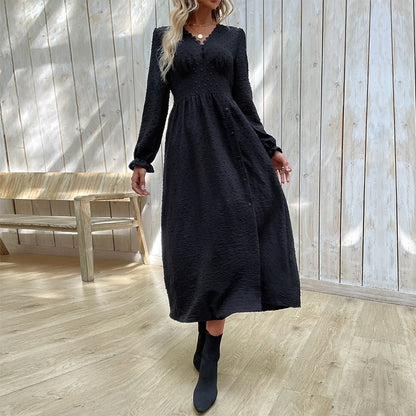 Women's Midi Dress - Long Sleeve - V-Neck Empire Waist - Elegant Button Detail