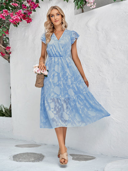 Women's Floral Dress - V-Neck - Short Ruffled Sleeves - Fitted Waist - Flowy Knee-Length
