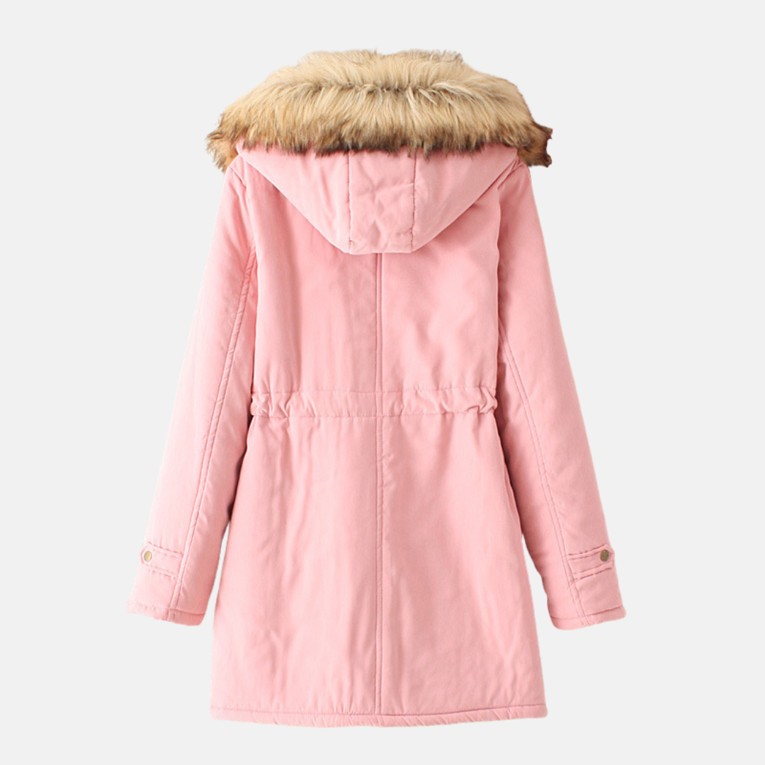 Women’s Hooded Parka Coat – Slim Regular Fit – Sherpa Lined – Faux Fur Hood – Drawstring Waist – Mid-Thigh Length