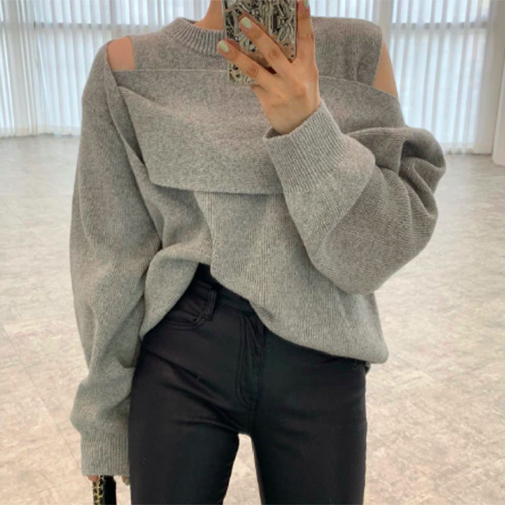 Women's gray long sleeve sweater with stylish cut design