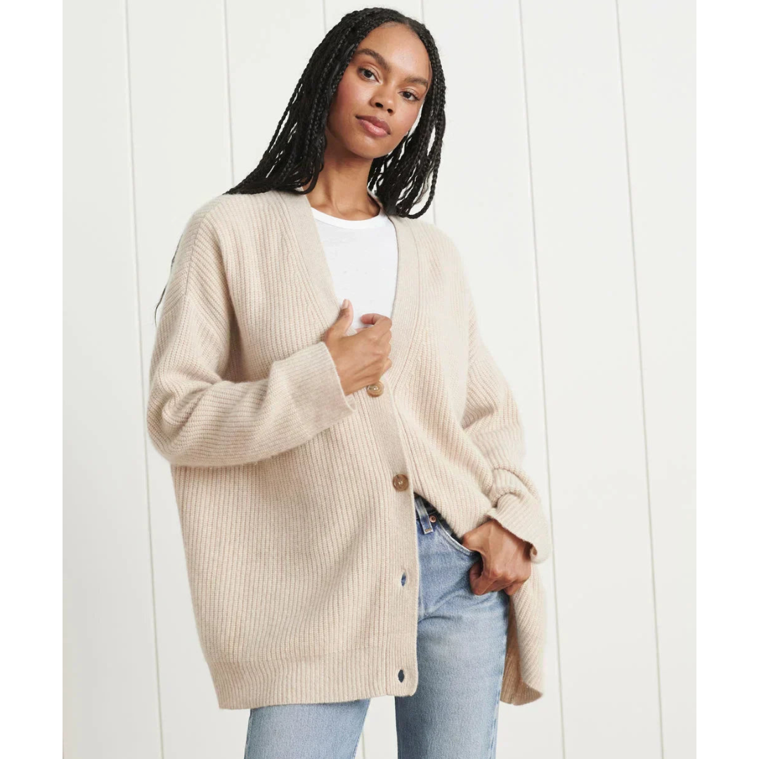 Women’s Long Knit Cardigan – Relaxed Fit – Wool Blend – V-Neck – Ribbed – Button Front