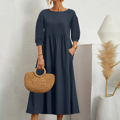 Women’s Midi Dress – Relaxed Fit – Breathable Blend – 3/4 Sleeve – Side Pockets