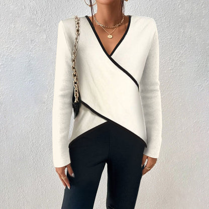 Women's ivory V-neck sweater - Asymmetric hemline elegant casual top