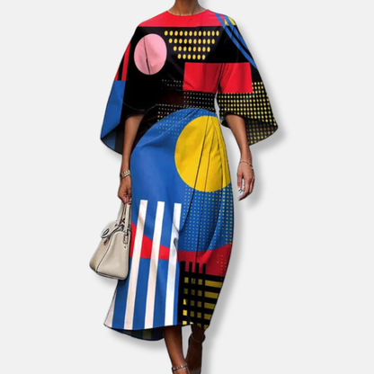 Women’s Midi Dress – A-Line Fit – Luxury Fabric – Kimono Sleeves – Floral Design