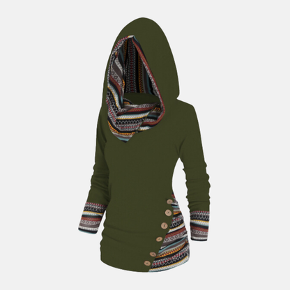 Women’s Hooded Top – Knit Fabric – Fitted Silhouette – Tribal Pattern Accents