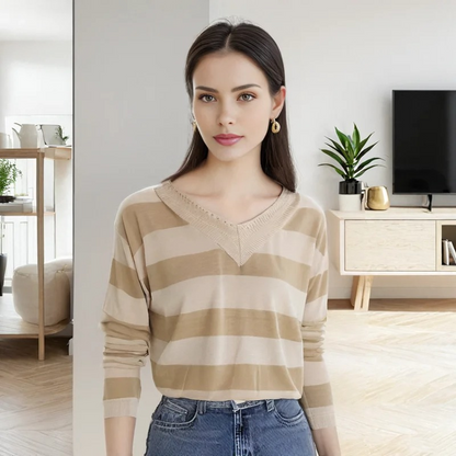 Trendy striped women's sweater with loose fit v-neck design