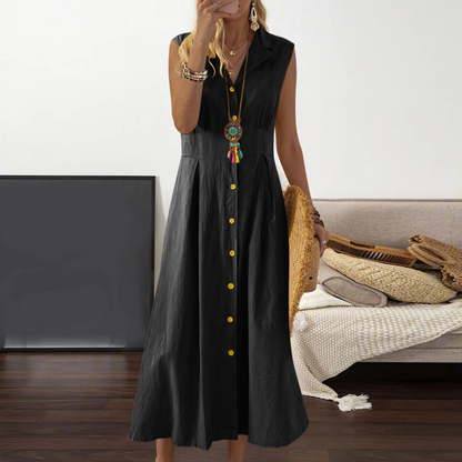 Women’s Button-Down Midi Dress - Collared V-Neck - Sleeveless A-Line Silhouette