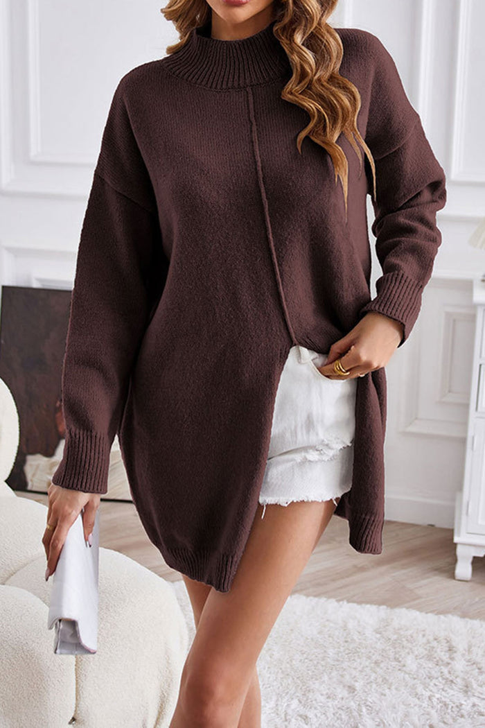 Women's solid color half turtleneck split sweater dress