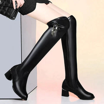 Over-the-knee chunky heel boots for women with sleek leather design