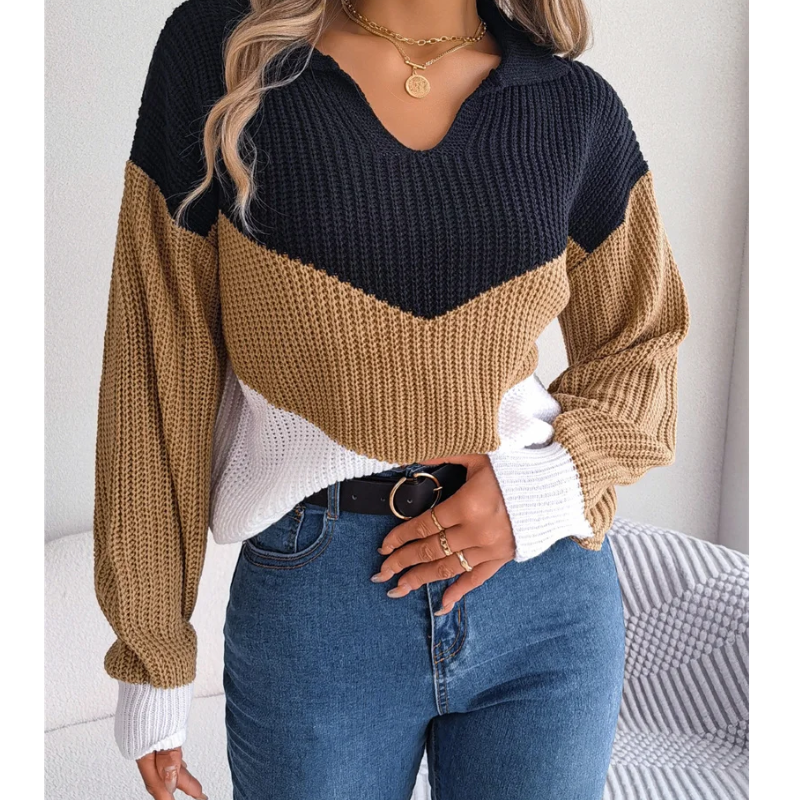 Women's contrast color lapel knitted pullover sweater