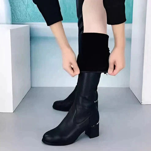 Over-the-knee chunky heel boots for women with sleek leather design