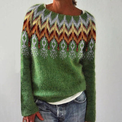 Women's fashion color-block loose round neck pullover sweater
