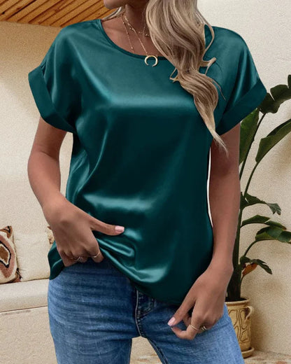 Women's Satin Blouse - Short Sleeve - Round Neck - Loose Fit Elegant Draped Style