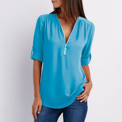 Women's V-Neck Blouse – Flowy Fit – Three-Quarter Roll-Tab Sleeves – Zipper Accent
