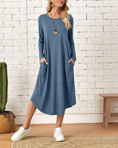 Women's Midi Dress - Loose Fit - Long Sleeve - Crew Neck Casual Wear