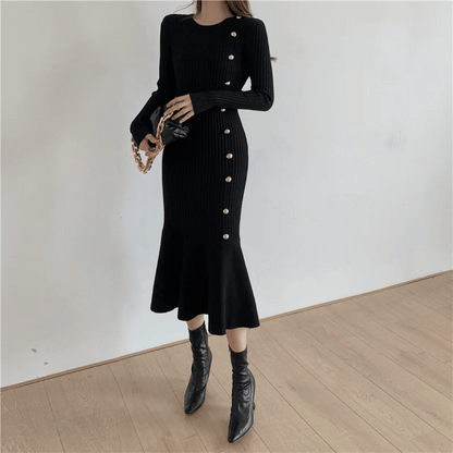 Women's Rib-Knit Mermaid Dress - Long Sleeve - Fitted Elegant Button Detail