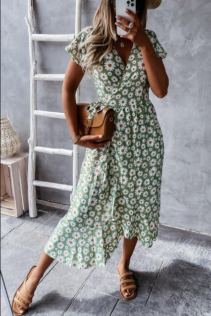 Women's Midi Dress - Floral Print - Short Sleeve - Lightweight Flowy Fit