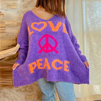 Women's loose v-neck letter knitted sweater