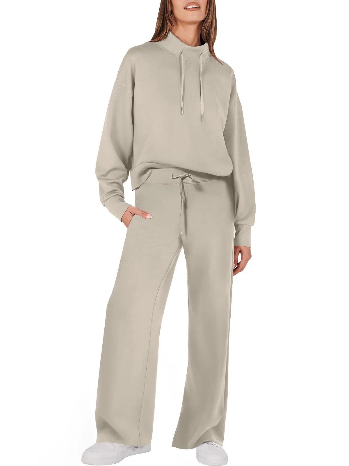 Women's chic mock drawstring sweatshirt and wide leg pants set
