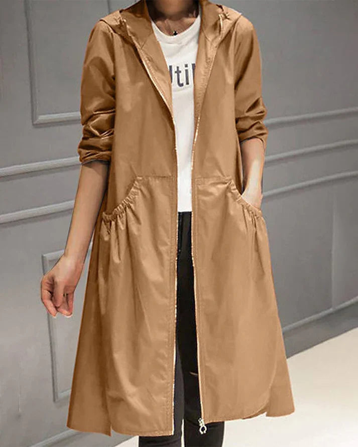 Women's Long Hooded Coat - Relaxed Fit - Zipper Closure - Casual Everyday Wear