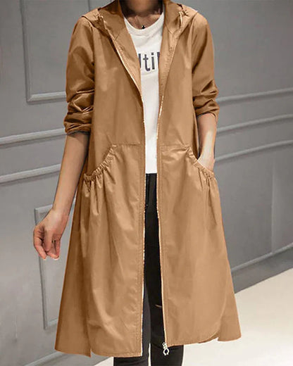 Women's Long Hooded Coat - Relaxed Fit - Zipper Closure - Casual Everyday Wear