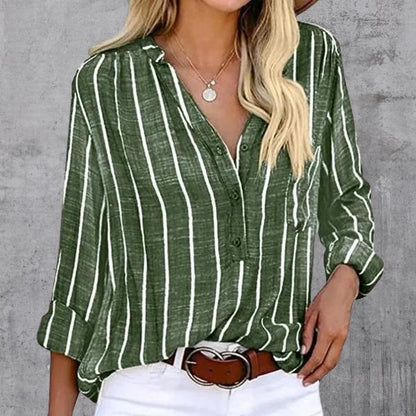 Women's Blouse - V-Neck Button-Up - Striped Design - Long Sleeve Relaxed Fit