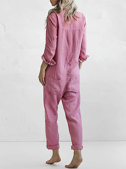Women's Linen Jumpsuit - Button Down - Relaxed Fit - Long Sleeve - Breathable Fabric