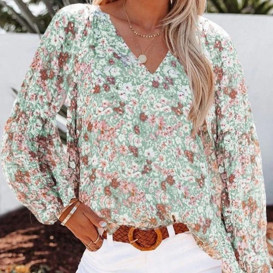 Flowy Floral Print V-Neck Blouse