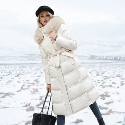 Women's slim fit over knee jacket with fur collar and belt