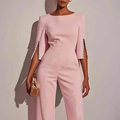 Isla Fitted Jumpsuit | Pearl Embellishments Three-Quarter Sleeve Jumpsuit