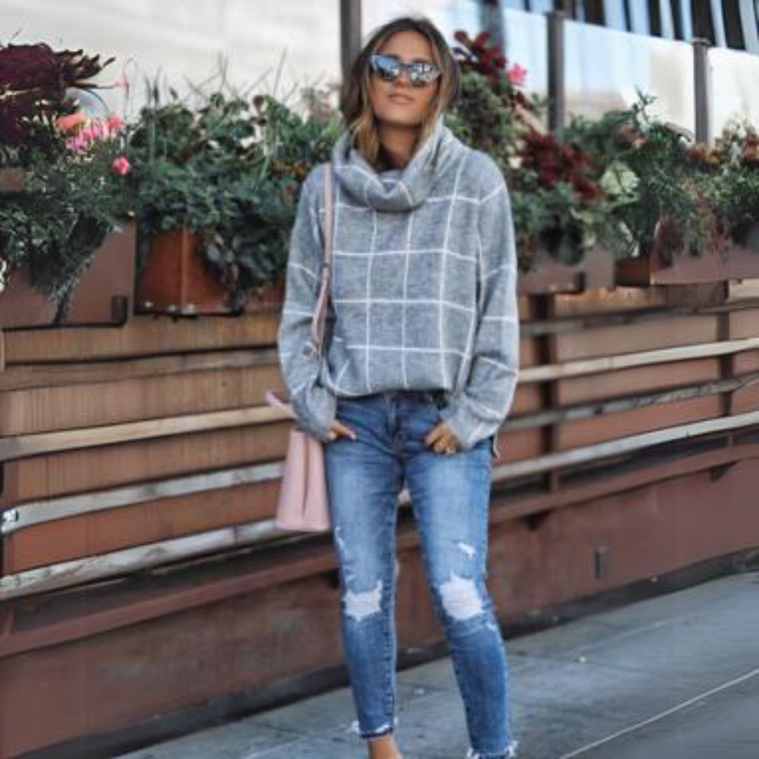 Women's fashion spliced high neck check sweater
