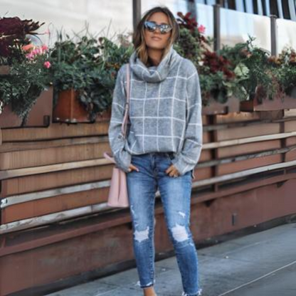 Women's fashion spliced high neck check sweater