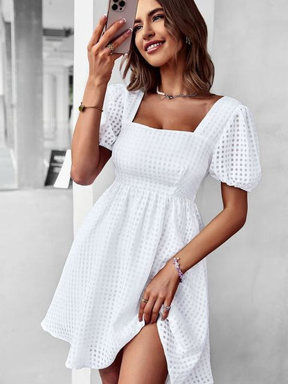 Women's Mini Dress - Square Neck - Puff Sleeve - A-Line Fit - Elegant Eyelet Fabric