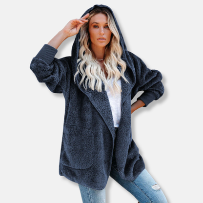 Women’s Hooded Cardigan – Sherpa Fleece – Oversized Fit – Open Front with Pockets