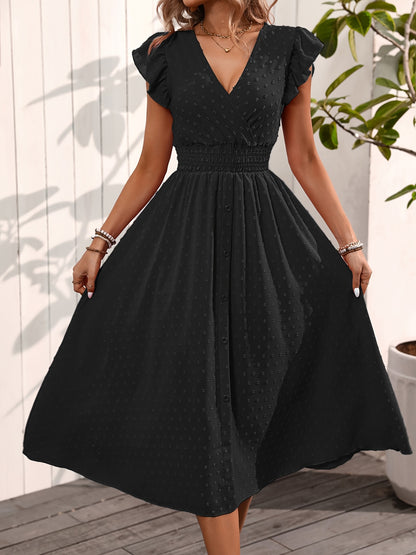 Women's Midi Dress - V-Neck Button Down - Flutter Sleeve - Shirred Waist - A-Line Flow