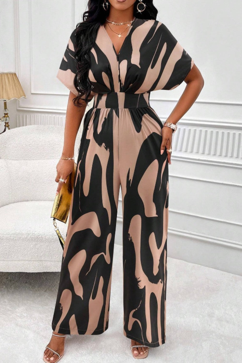 Women's Jumpsuit - V-Neck - Short Sleeve - Wide Leg - Cinched Waist - Lightweight