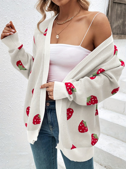 Strawberry print open-front cardigan with long sleeves and ribbed edges for women