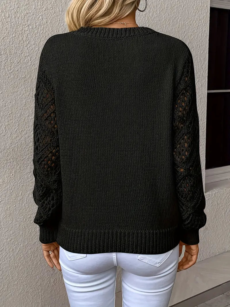 Women's spring autumn cut-out knit crochet jacquard v-neck sweater pullover