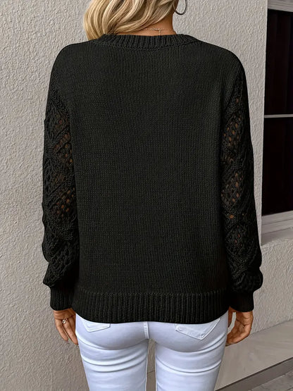 Women's spring autumn cut-out knit crochet jacquard v-neck sweater pullover