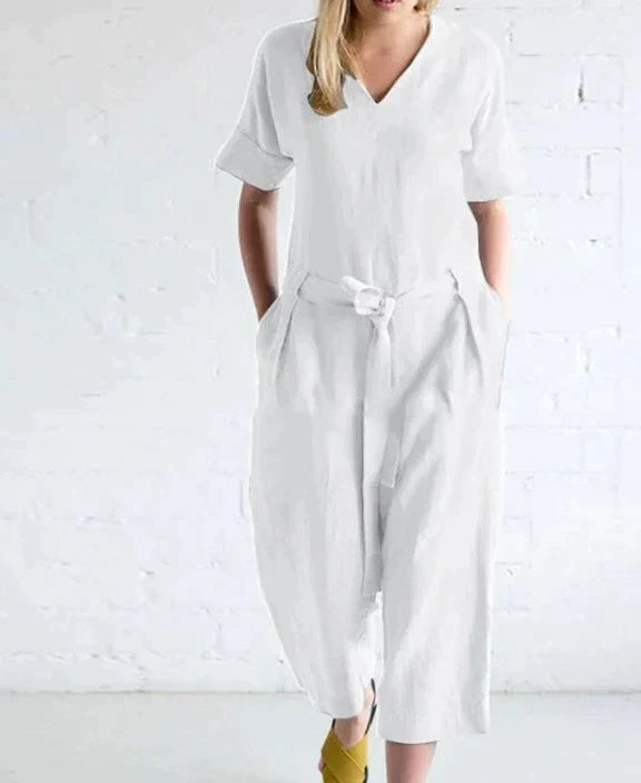 Women's Jumpsuit - V-Neck Short Sleeve - Tie Waist Loose Fit - Cropped Length Casual Wear