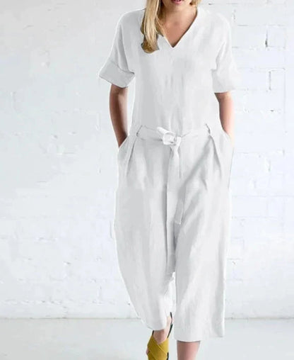 Women's Jumpsuit - V-Neck Short Sleeve - Tie Waist Loose Fit - Cropped Length Casual Wear