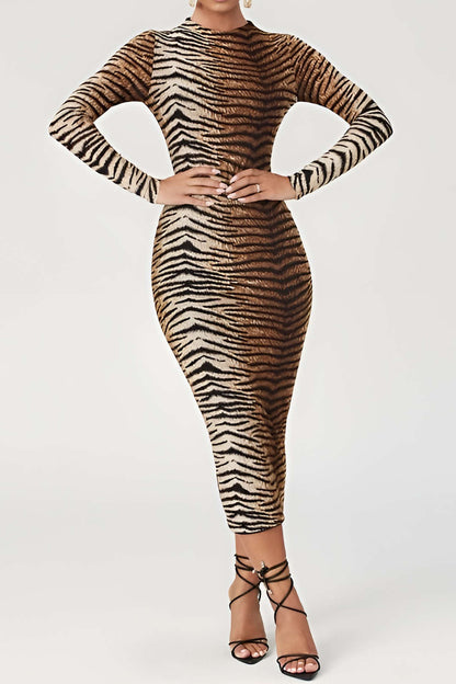 Women's Midi Bodycon Dress - Leopard Print - Long Sleeve High Neck Stretch Fit