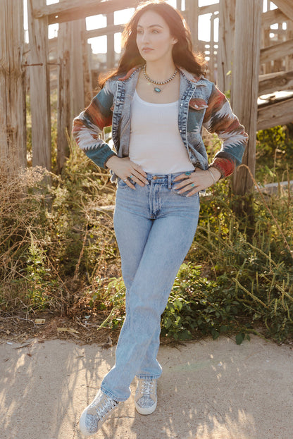 Elegant denim patchwork jacket with button-down design for women