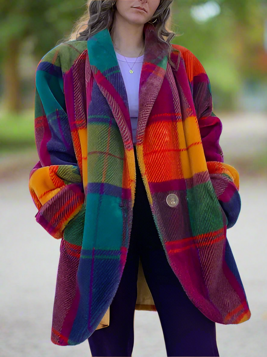 Rainbow Plaid Long-Sleeve Coat